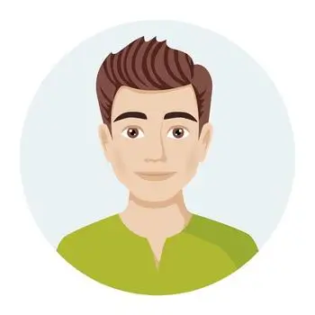 Avatar-style illustration of a man with brown hair styled upwards, wearing a lime green t-shirt on a light grey circular background.
