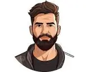 Illustration of a male avatar with a dark beard and textured brown hair, wearing a black top.