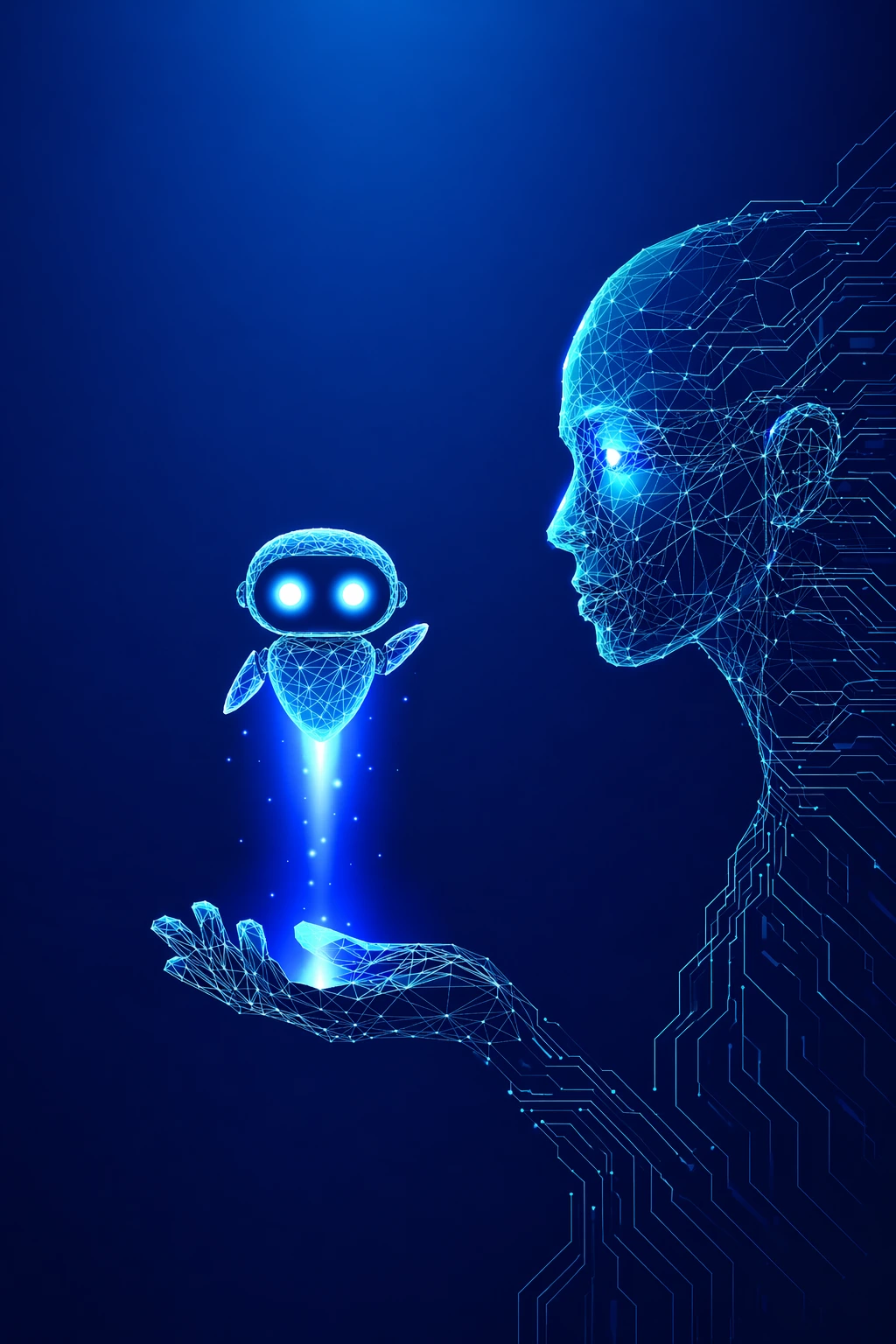 Agent d'IA ou concept assistant. Un robot humanoïde abstrait tient un mignon hologramme numérique de robot futuriste sur une paume.